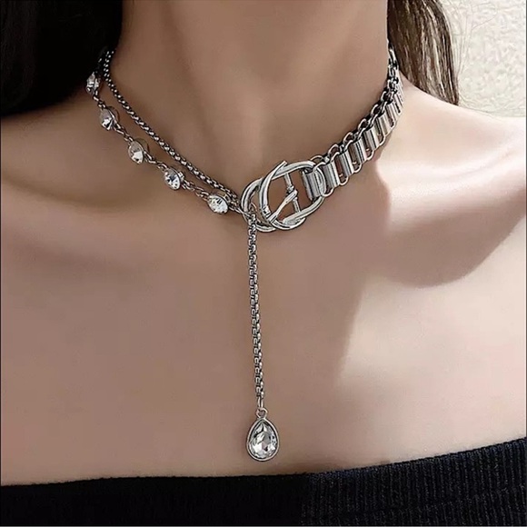 Buckle Design Rhinestone Drop Chain Link Choker - Picture 1 of 12